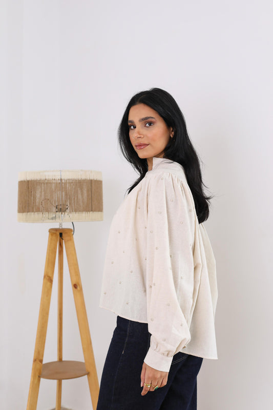 Elegant Button-Down Blouse with Subtle Dotted Detailing