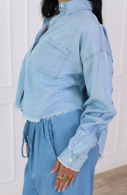 Oversized highlow denim jacket-babyblue