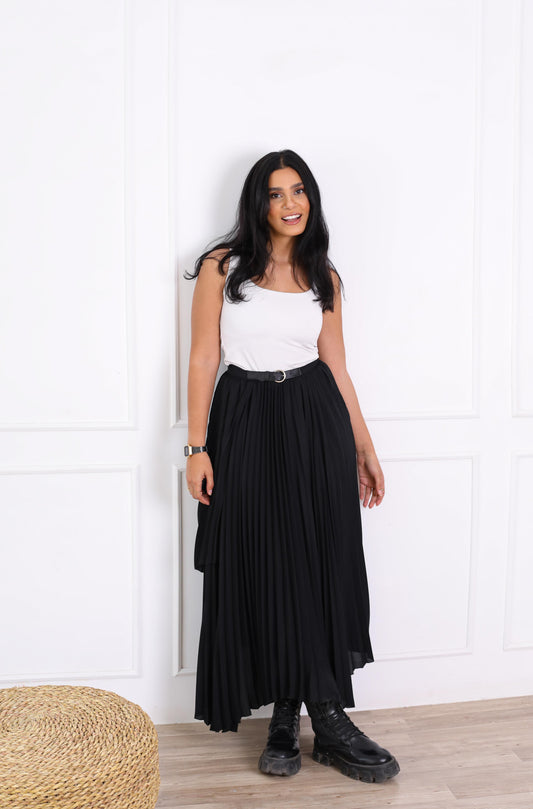 Classic Pleated Black Wrap Skirt with Belt-black