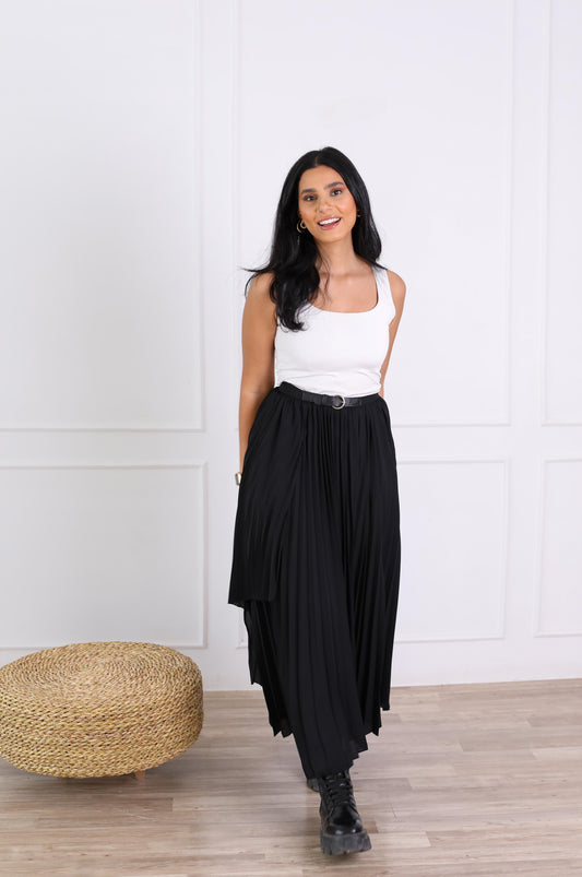 Classic Pleated Black Wrap Skirt with Belt-black