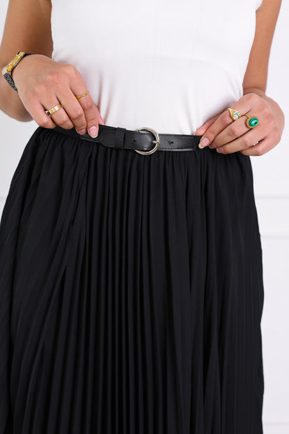 Classic Pleated Black Wrap Skirt with Belt-black