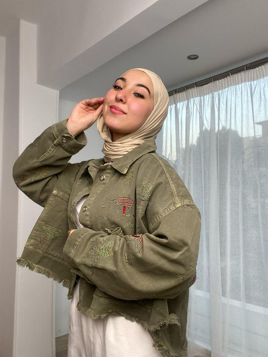 embroidery- denim jacket -olive