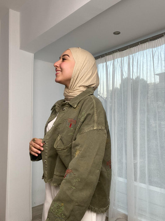 embroidery- denim jacket -olive