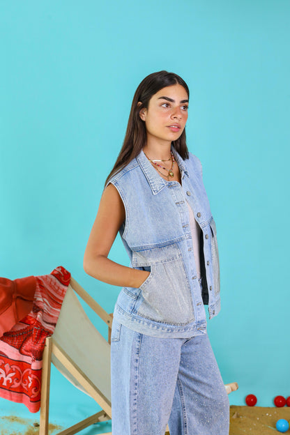 Denim Vest with Shimmer Pocket Detail