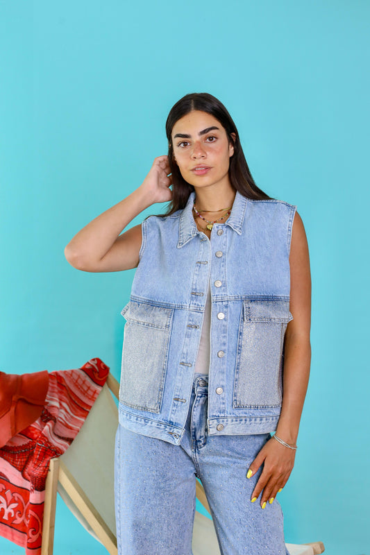 Denim Vest with Shimmer Pocket Detail