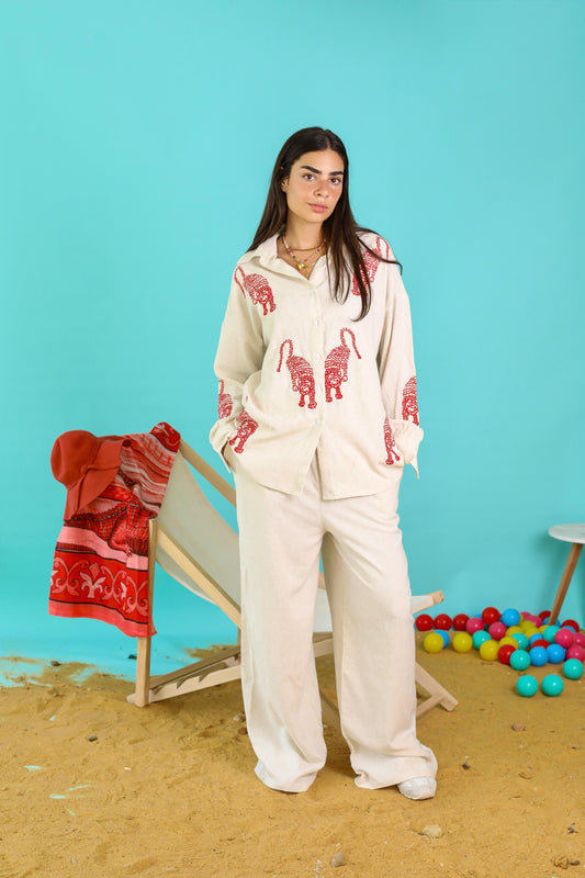 Tiger Embroidered Pure Linen Set