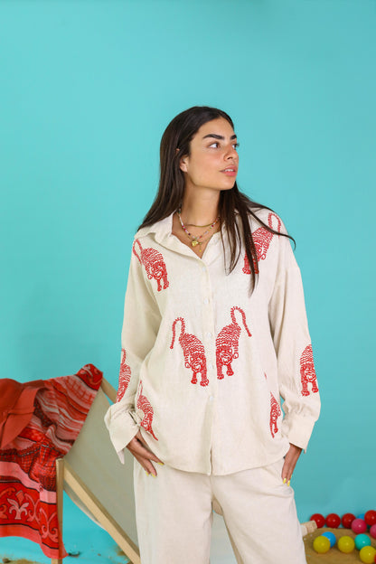 Tiger Embroidered Pure Linen Set