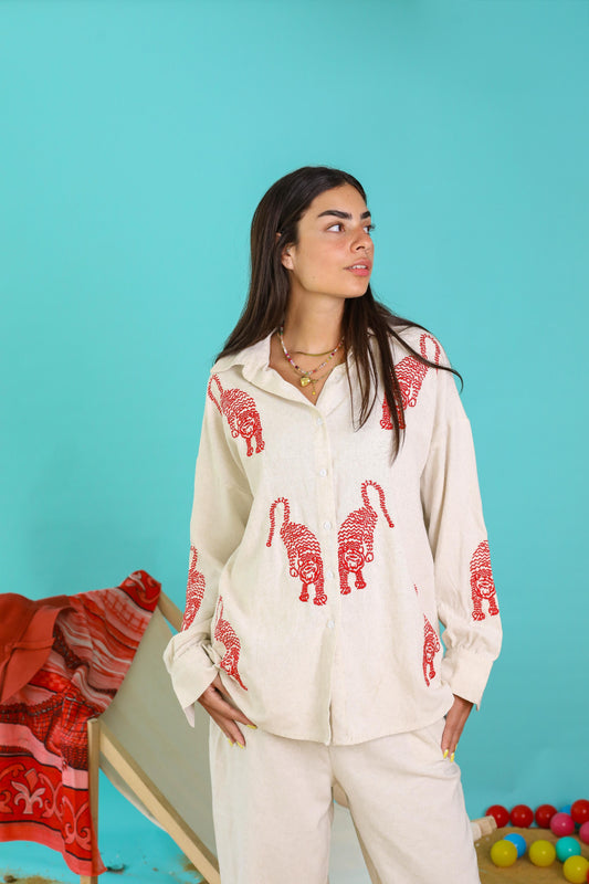 Tiger Embroidered Pure Linen Set