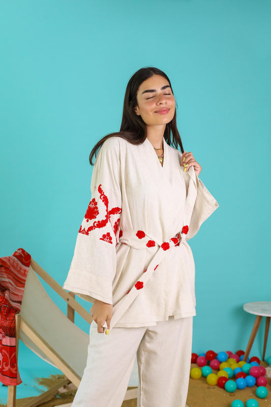 Santorini Embroidered Pure Linen Set