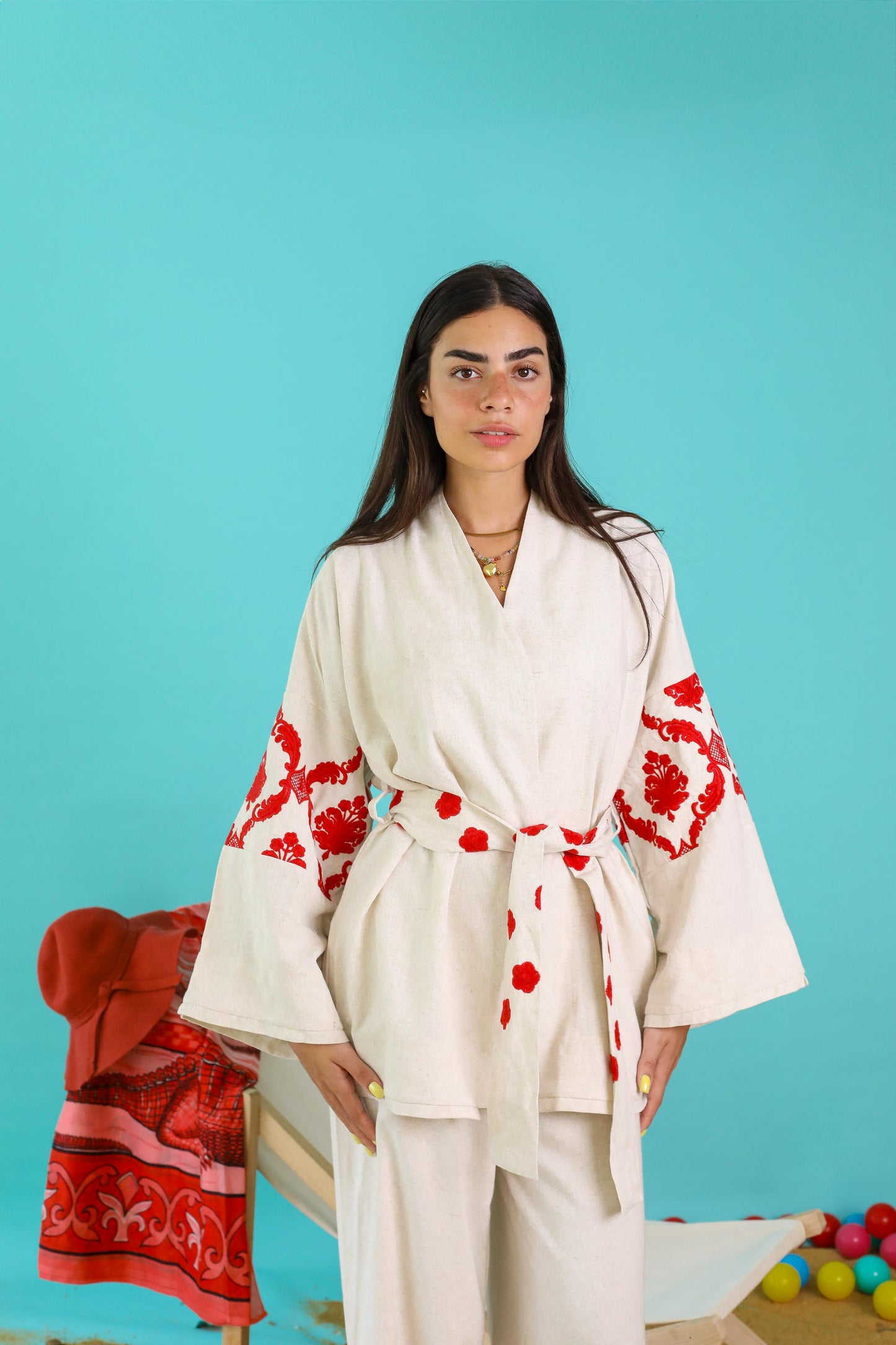 Santorini Embroidered Pure Linen Set