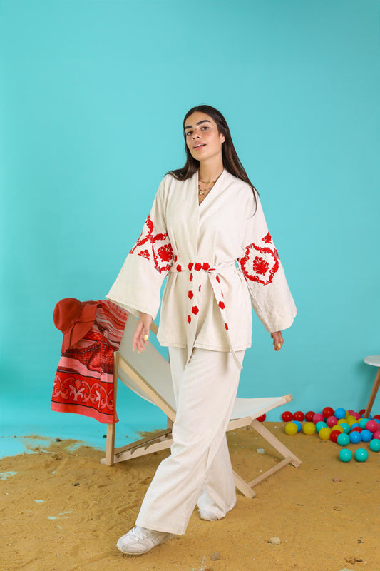 Santorini Embroidered Pure Linen Set