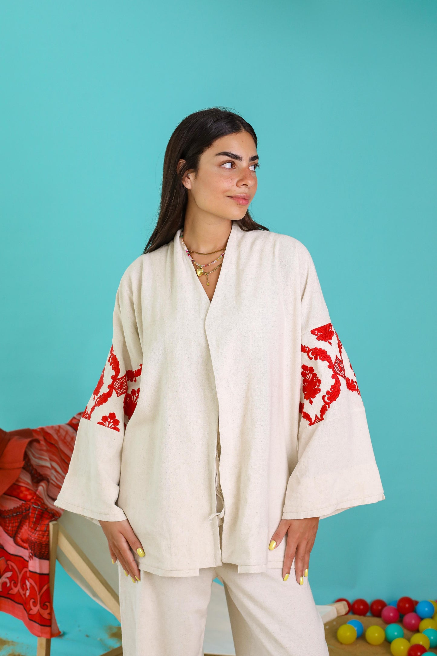 Santorini Embroidered Pure Linen Set