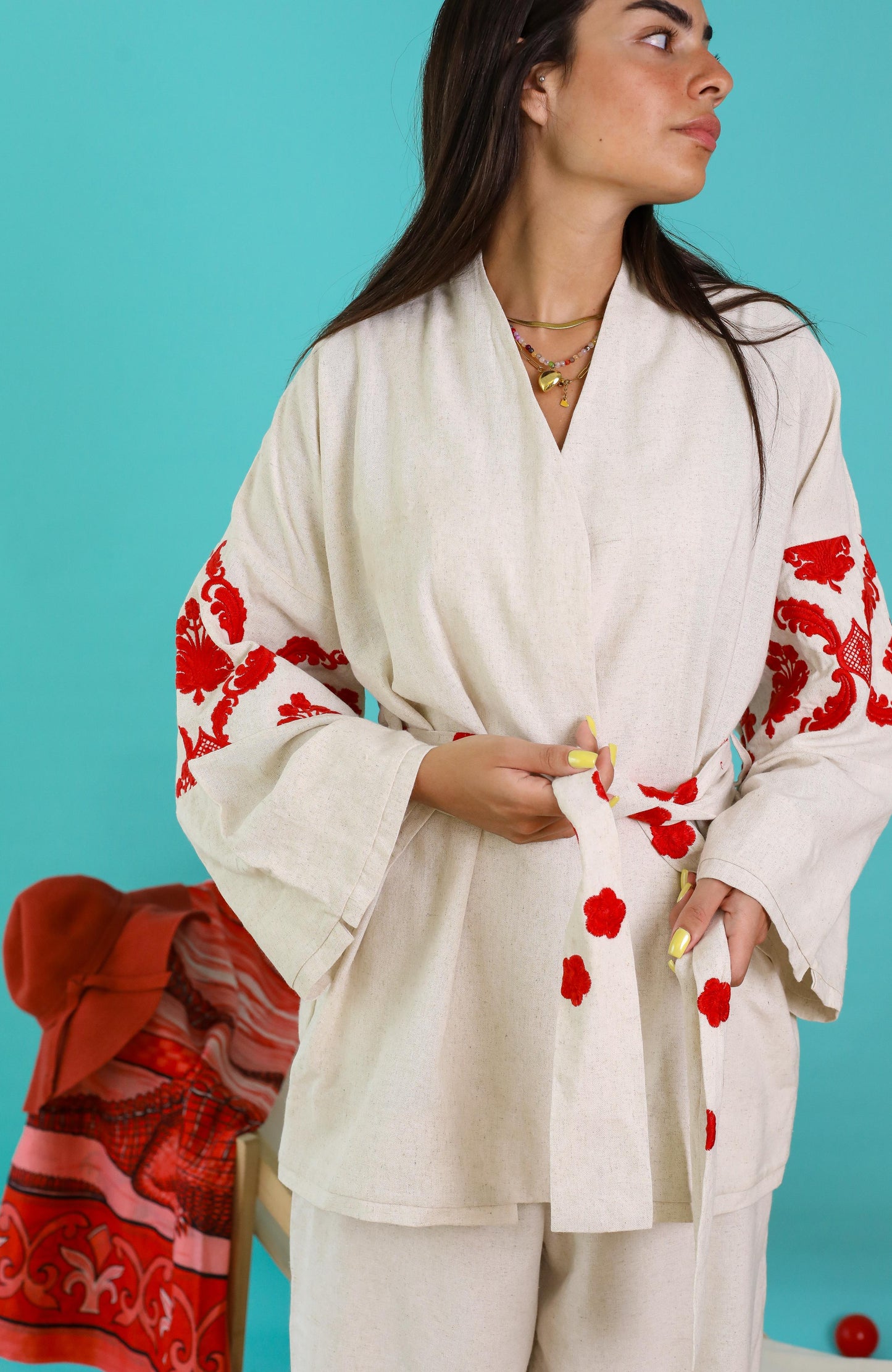 Santorini Embroidered Pure Linen Set