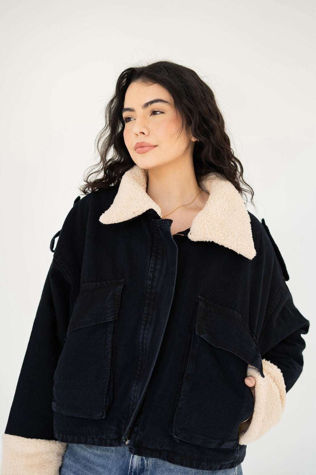Oversized denim fur jacket - black Fur Biege