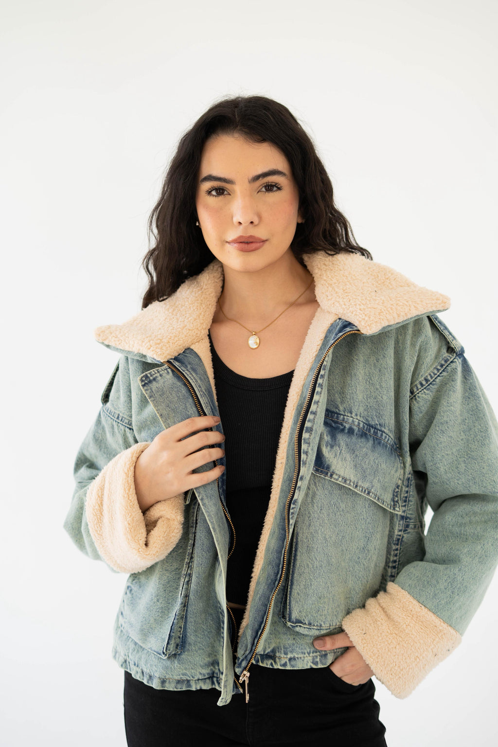 Oversized denim fur jacket- Dirty Fur Biege