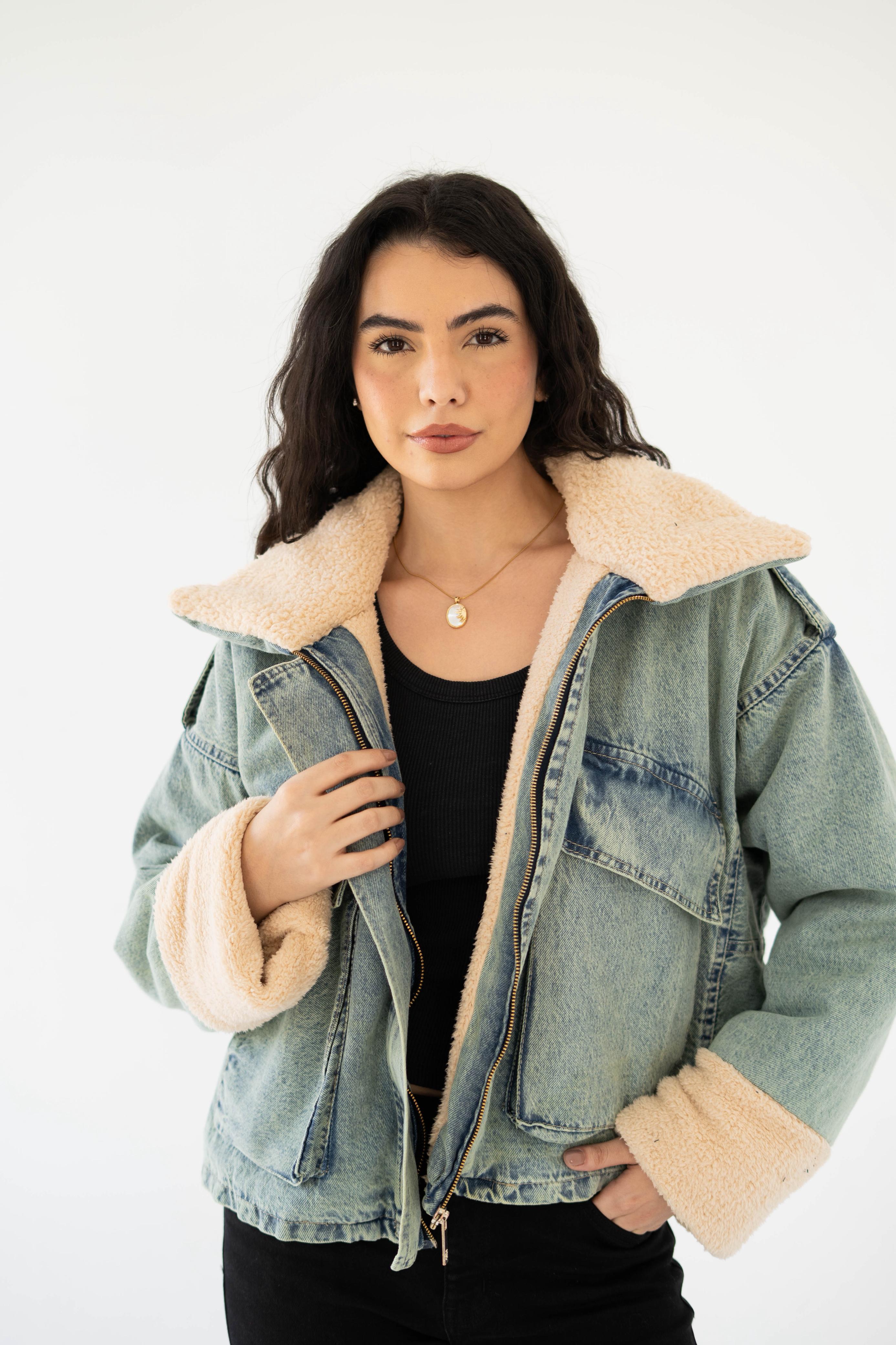 Oversized denim fur jacket- Dirty Fur Biege