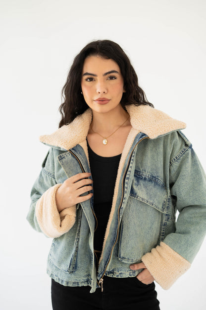 Oversized denim fur jacket- Dirty Fur Biege