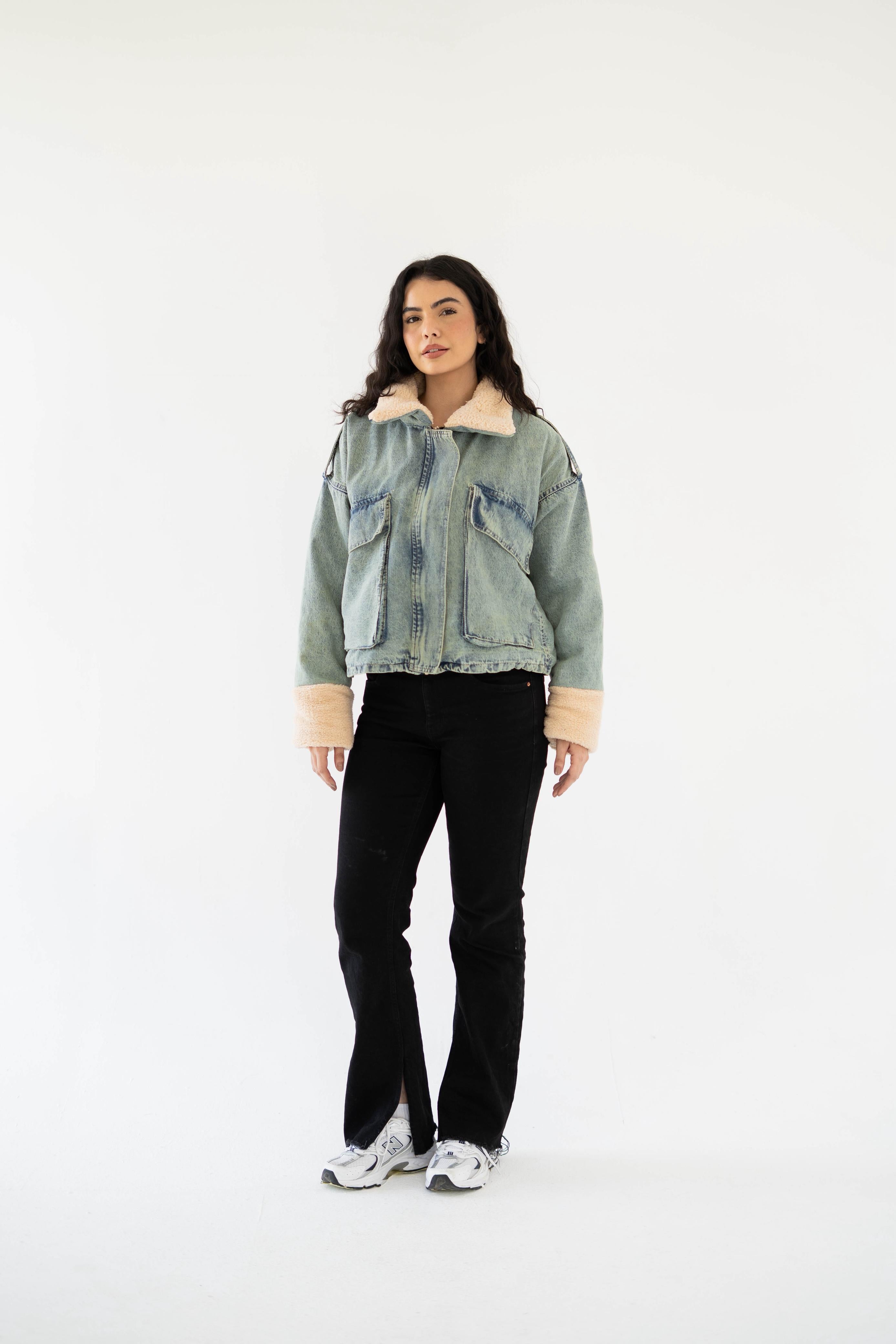 Oversized denim fur jacket- Dirty Fur Biege