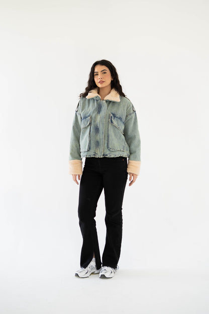 Oversized denim fur jacket- Dirty Fur Biege
