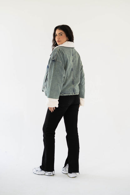 Oversized denim fur jacket- Dirty Fur White