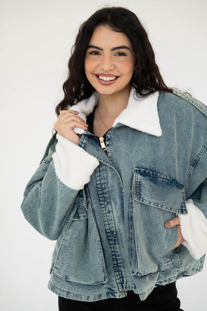 Oversized denim fur jacket- Dirty Fur White