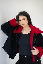 Oversized denim fur jacket- black Fur Maroon