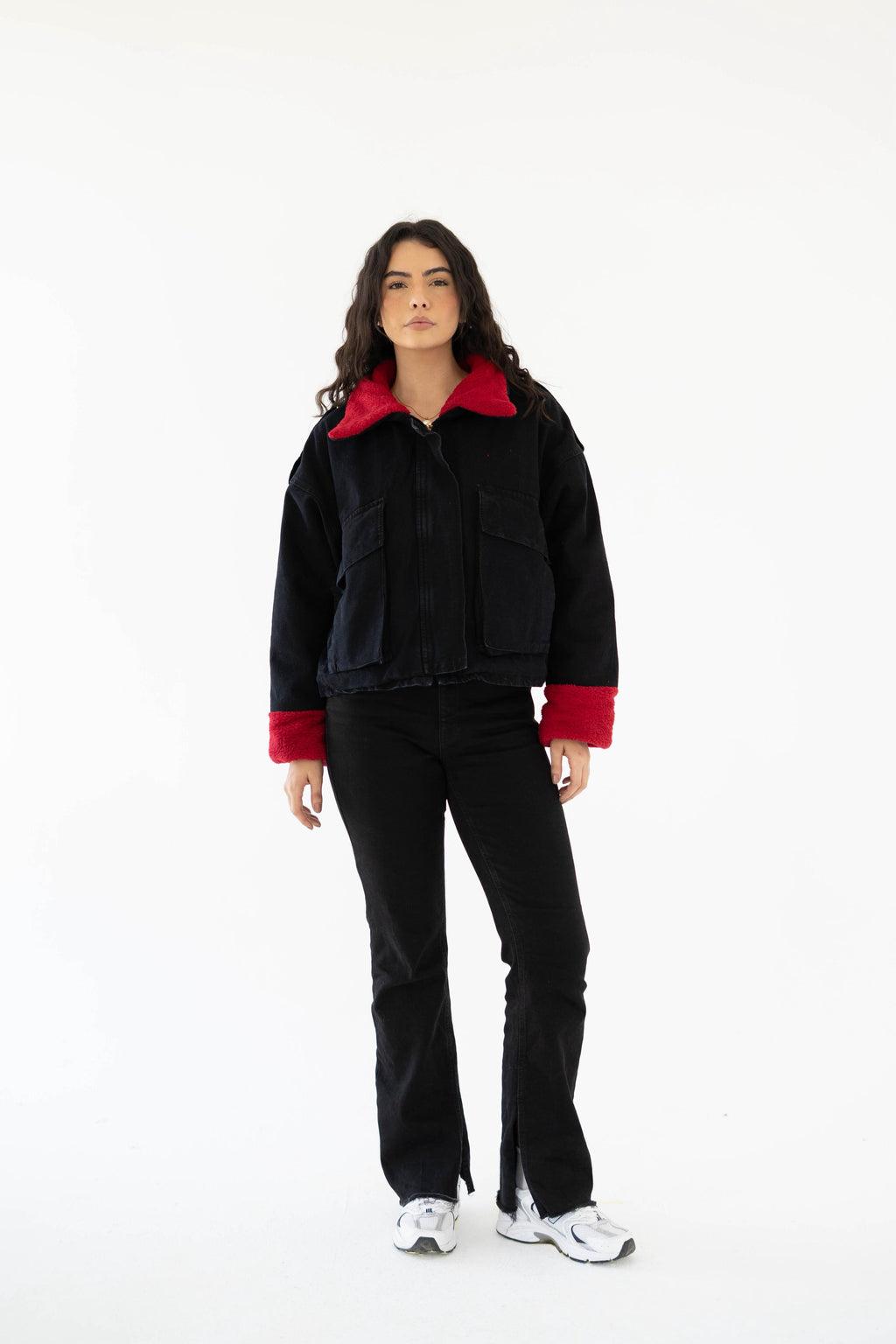 Oversized denim fur jacket- black Fur Maroon