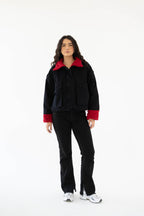 Oversized denim fur jacket- black Fur Maroon