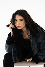 Oversized denim fur jacket- Grey Fur Black