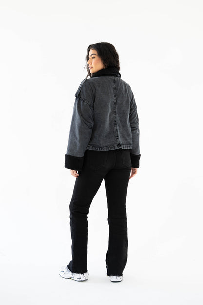 Oversized denim fur jacket- Grey Fur Black