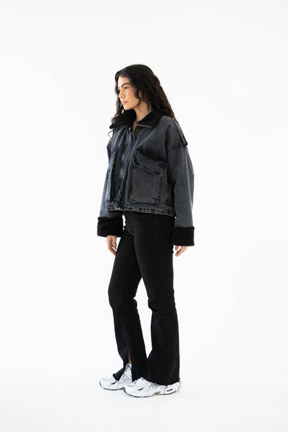 Oversized denim fur jacket- Grey Fur Black