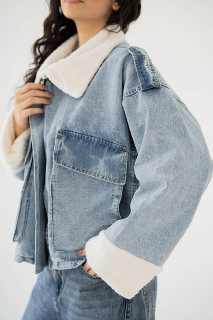 Oversized denim fur jacket- Blue Fur White
