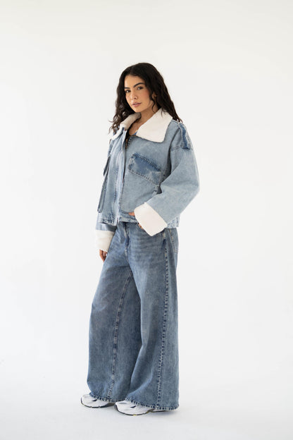 Oversized denim fur jacket- Blue Fur White
