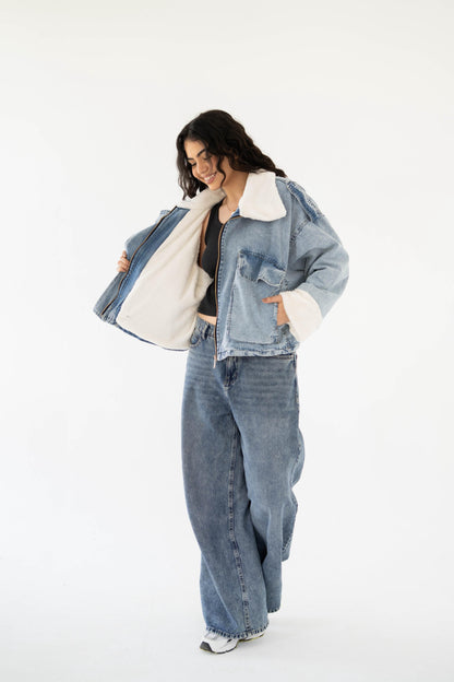Oversized denim fur jacket- Blue Fur White