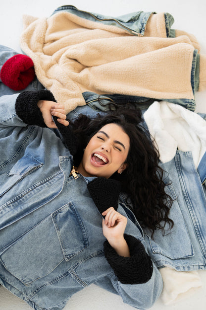 Oversized denim fur jacket- Blue Fur Black