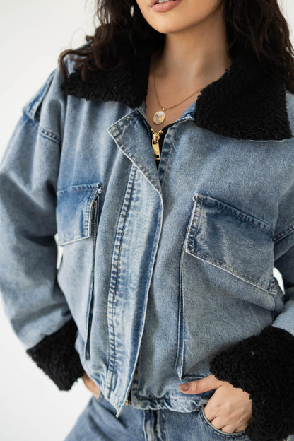 Oversized denim fur jacket- Blue Fur Black