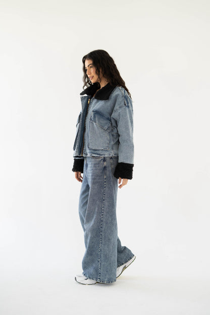 Oversized denim fur jacket- Blue Fur Black