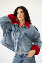 Oversized denim fur jacket- Blue Fur Maroon