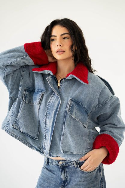 Oversized denim fur jacket- Blue Fur Maroon
