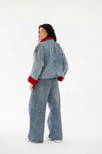 Oversized denim fur jacket- Blue Fur Maroon