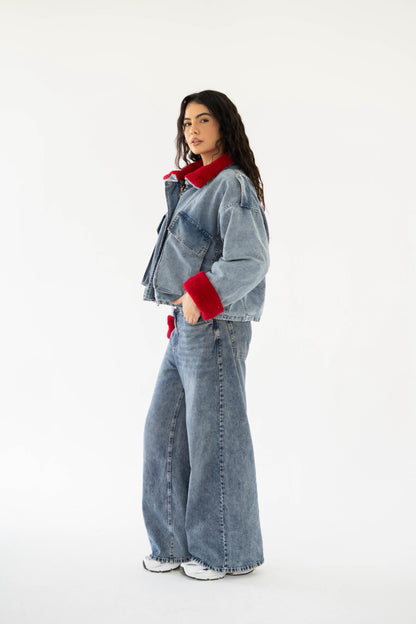 Oversized denim fur jacket- Blue Fur Maroon