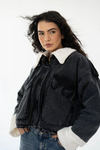 Oversized denim fur jacket- Grey Fur White