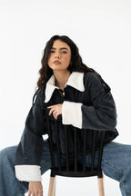 Oversized denim fur jacket- Grey Fur White