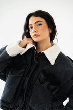 Oversized denim fur jacket- Grey Fur White