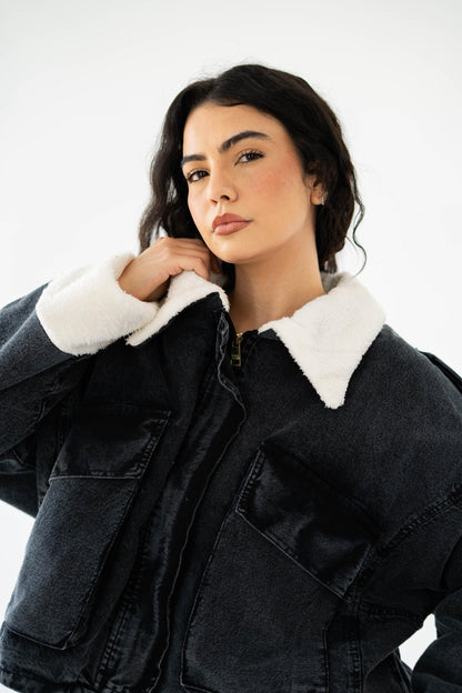 Oversized denim fur jacket- Grey Fur White