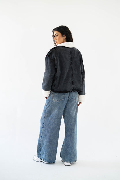 Oversized denim fur jacket- Grey Fur White