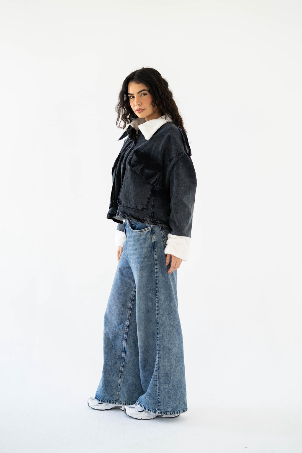 Oversized denim fur jacket- Grey Fur White
