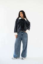 Oversized denim fur jacket- Grey Fur White