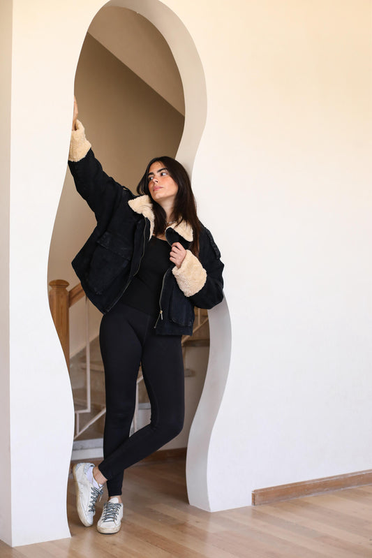 Oversized denim fur jacket - black Fur Biege