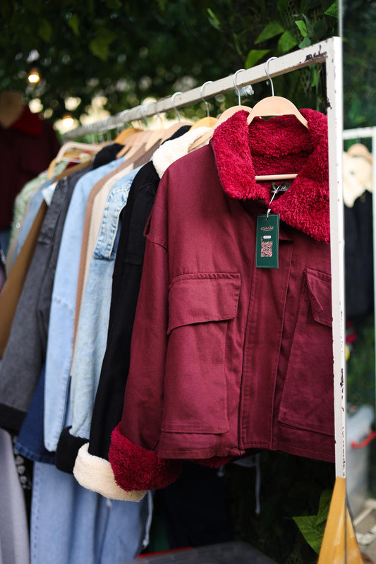 Oversized denim fur jacket - maroon fur maroon